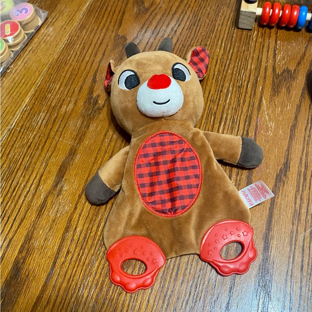 Plush Reindeer Teether Toy - Brown and Red